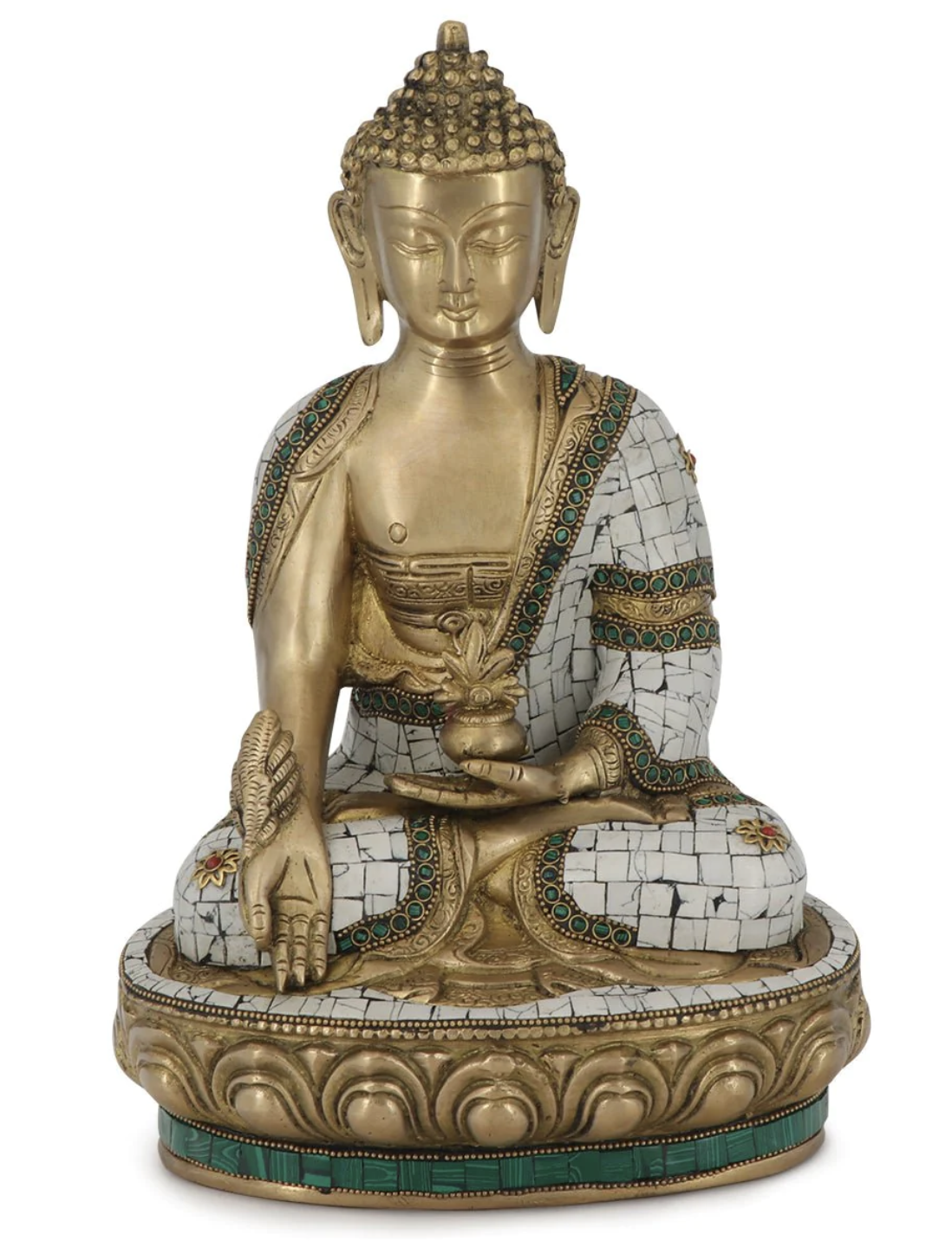 Brass Healing Medicine Buddha Statue With White & Green Mosaic